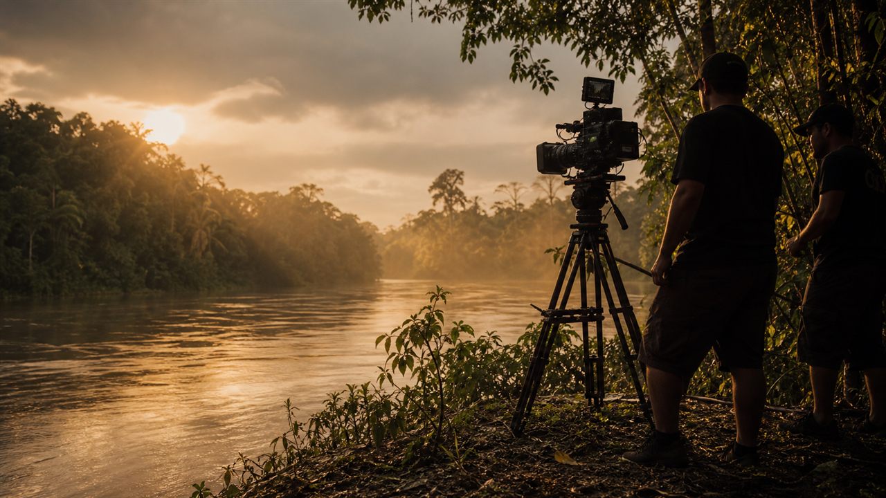 Equipe de produção da JA filmando às margens de um rio amazônico ao amanhecer